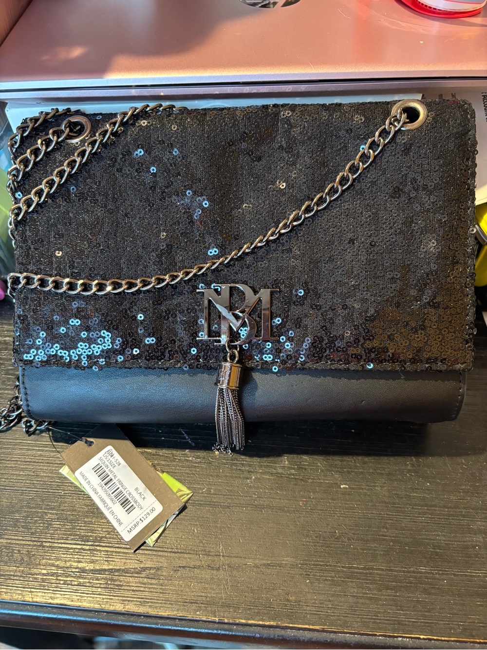 New Badgley Mischka Black Sequin Tassel Chain Shoulder Bag
